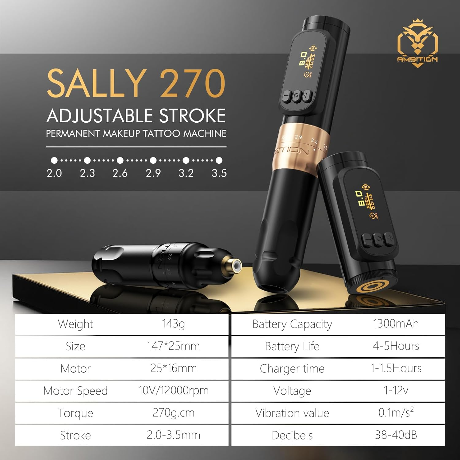 Ambition Sally 270 Rotary Tattoo Gun, Wireless Tattoo Machine with Adjustable Stroke 1300 Mah Battery 270 G.Cm Torque Coreless Motor, Permanent Makeup Tattoo Pen for Eyebrow Eyeliner Lips SMP Artists image number 6