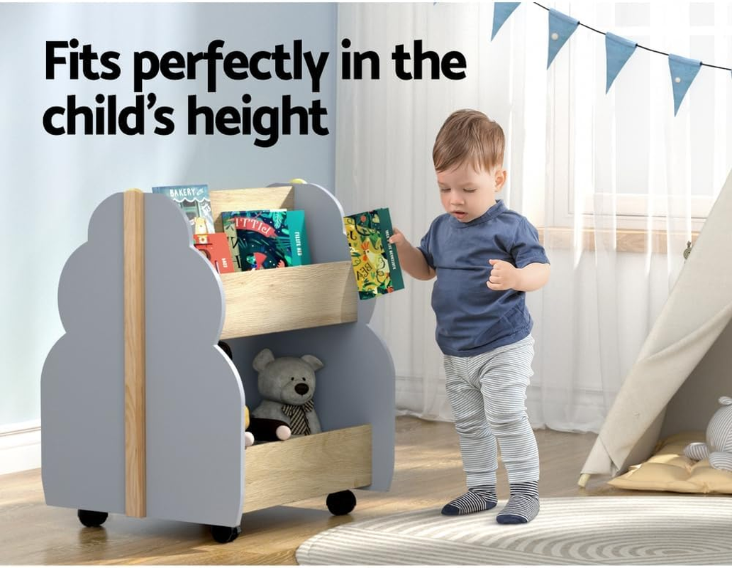 Keezi Kids Toy Box, 2 Tiers Bookshelf Children Toys Storage Organiser Bookcase Furniture Multifunctional Activity Play Living Room Bedroom Decor, MDF with 2 Wheels White image number 6