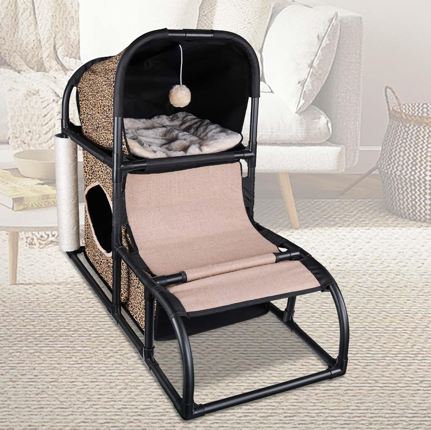 Goetland PVC Modern Cat Condo House Tree Medium Tower Bed Scratching Post Climber with Peek Hole and Dangling Ball for Kitty Indoors Leopard