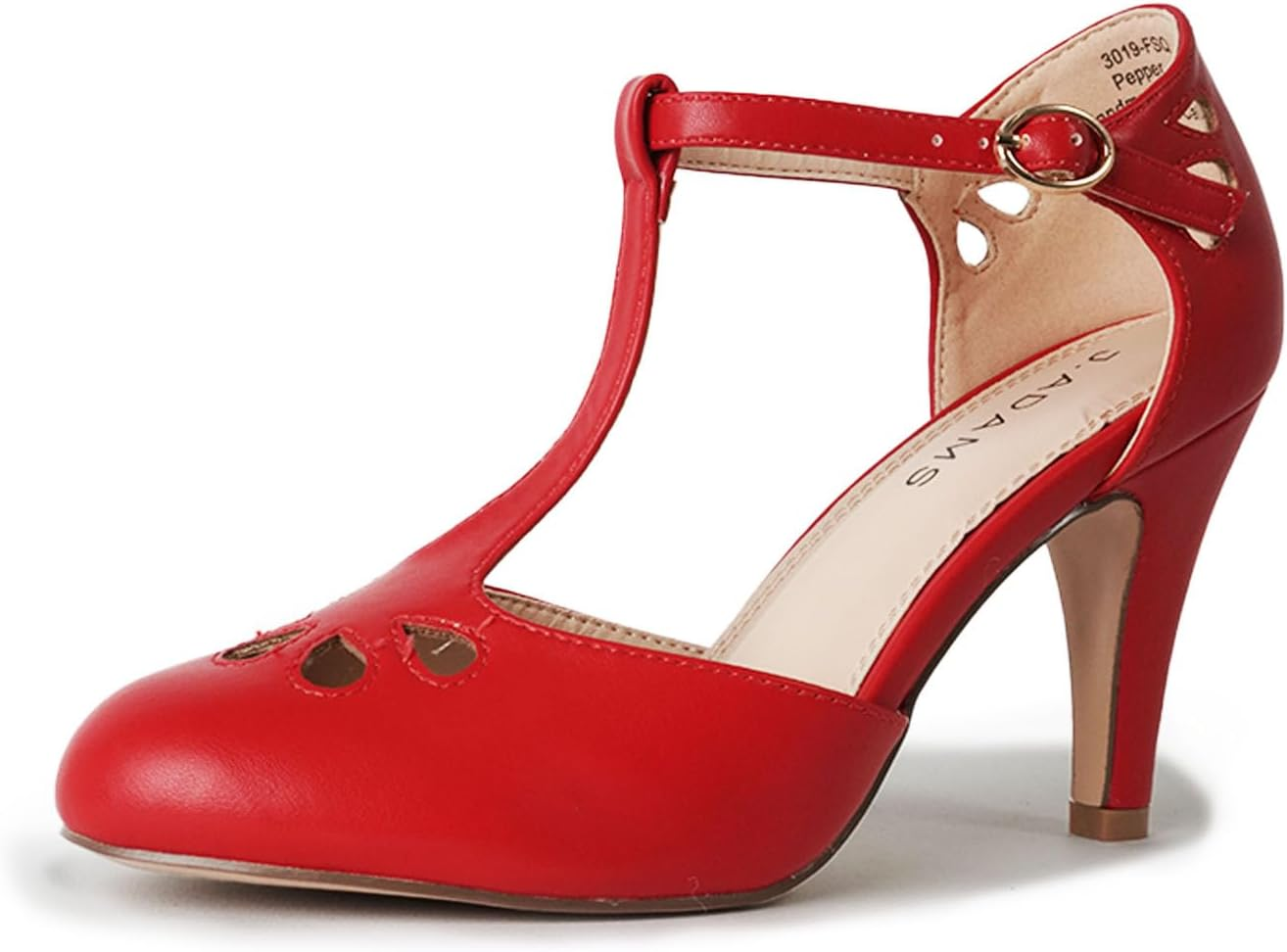 J. Adams Mary Jane Pumps - Vintage Tear Drop Cutout Low Kitten Heels - Retro round Toe Adjustable Ankle T Strap - Pepper By image number 3