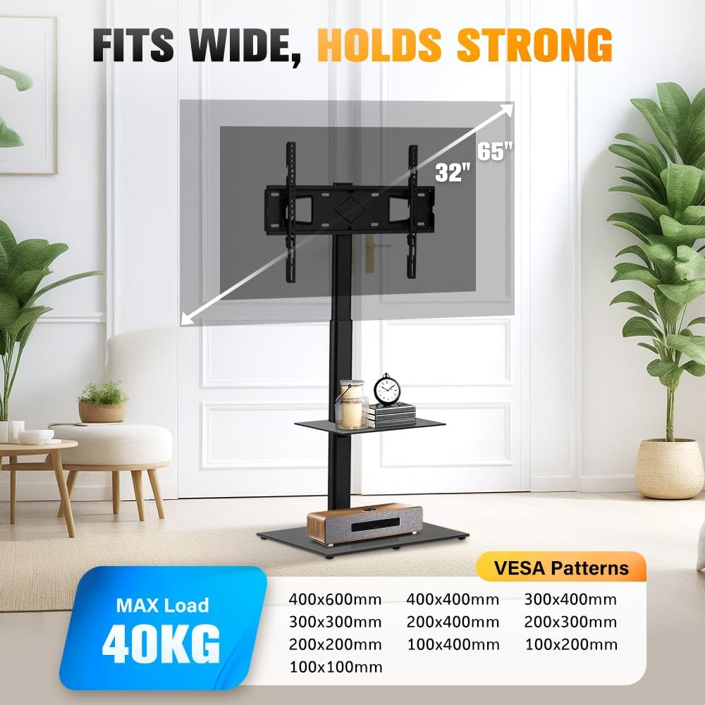 ZUNI Universal TV Stand with Laptop Shelf, Floor TV Stand for 32-65 Inch LCD LED OLED Tvs up to 40Kg, 50 Degree Swivel Height Adjustable for Bedroom, Dorm Room, Office, Max VESA 600X400 image number 2