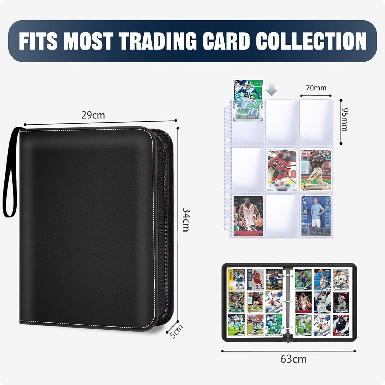 900-Capacity Zippered Trading Card Binder,9-Pocket PU Leather Organizer with 50 Removable Pages for Sports & TCG Cards (Baseball/Basketball/Football) image number 2