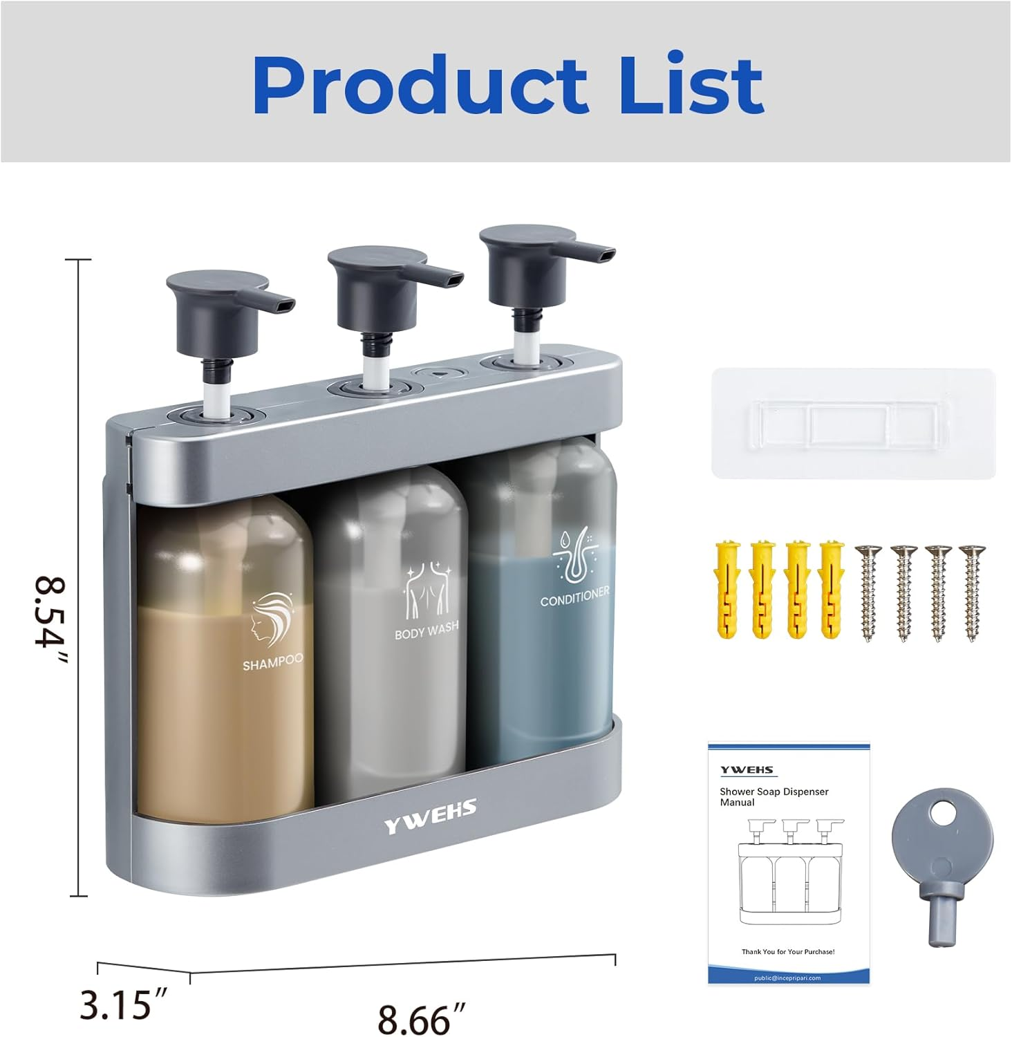 YWEHS Shampoo Dispenser for Shower Wall Mounted, Shower Soap Dispenser 3 Chamber No Drill, 12.85 Fl.Oz*3 Shampoo Conditioner Body Wash Dispenser for Bathroom Hotel, Silver, 3 Refillable Bottles - Sliver image number 5