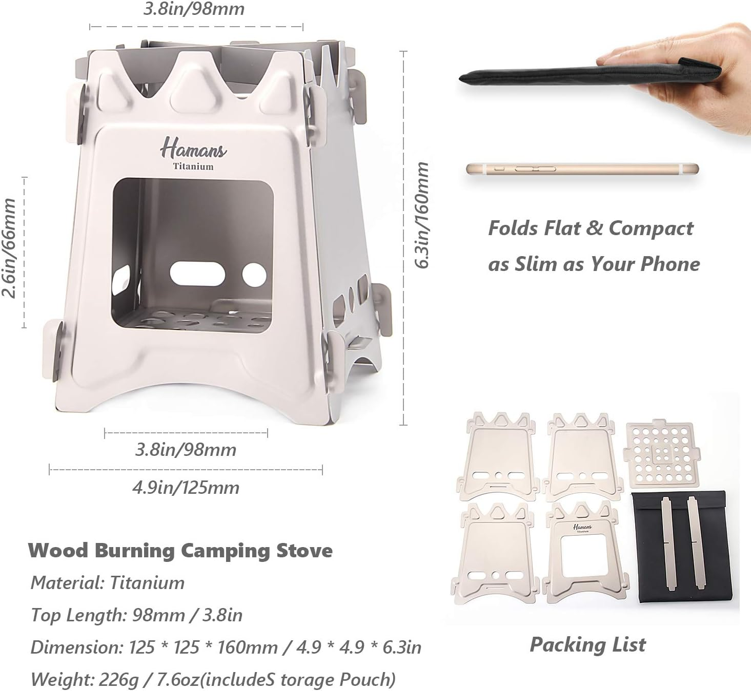 Hamans Titanium Wood Burning Stove, Camping Stove, Foldable Titanium Portable Backpacking Stove for Outdoor Camping Picnic BBQ image number 1