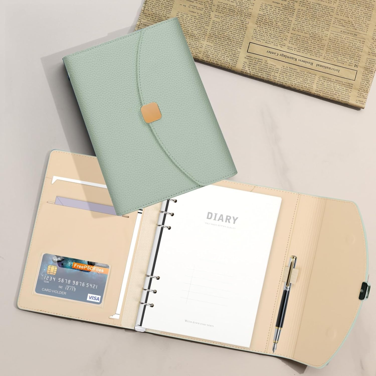 FYY PU Leather A5 Binder Notebook - Refillable 6 Ring Planner with 100 Sheets/200 Pages Refillable Lined Paper for School Office Travel - Sage Green image number 1