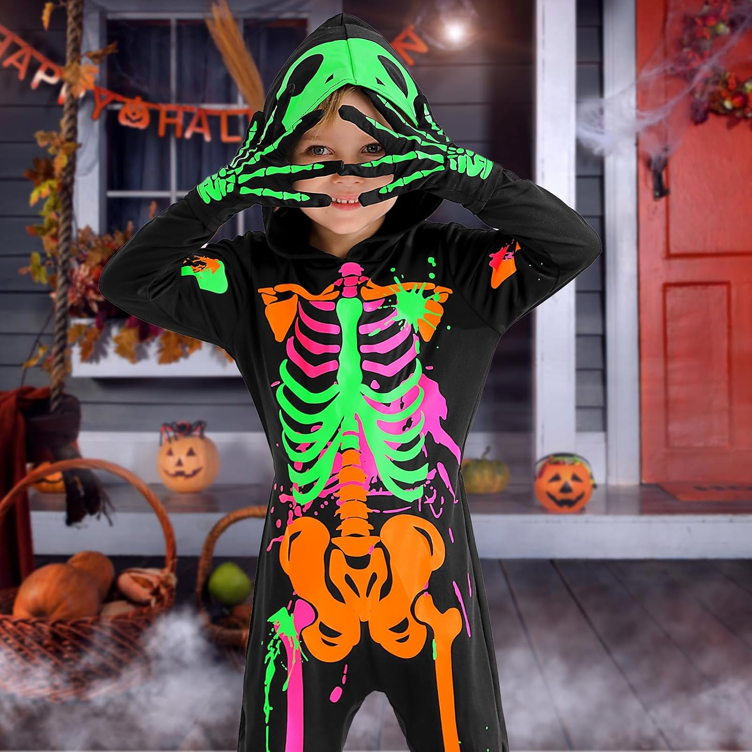 Weixinbuy Kids Halloween Skeleton Costumes Toddler Luminous Scary Skull Bones Jumpsuit Glow in the Dark Outfit for Child Baby