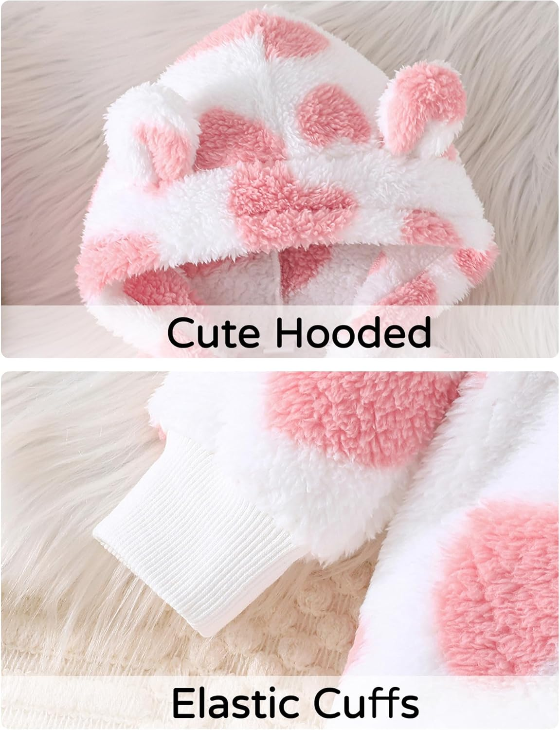 SEAUR Newborn Baby Girl Snowsuit Winter Hooded Fleece Jumpsuit Infant Bear Ear Snow Suit Zip up Romper Warm Outwear Outfits image number 4