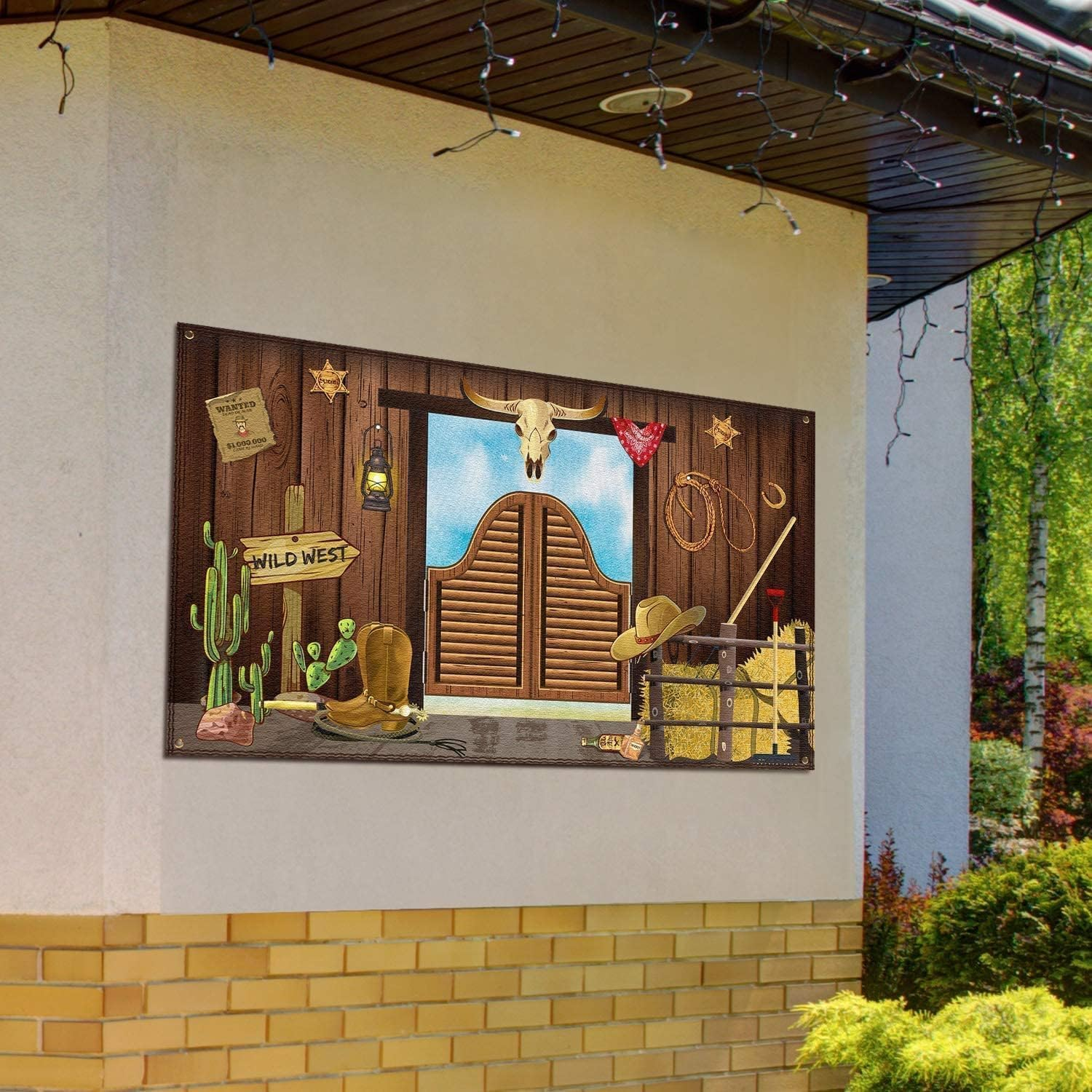 Western Party Supplies, Large Fabric Saloon Yeehaw Western Scene Setters for Western Themed, Wooden House Barn Banner Cowboy Decoration Photo Booth Backdrop Background image number 3