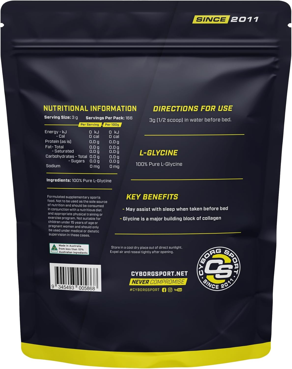 L-GLYCINE 500G - 6 Months Supply - Sleep - Collagen - Beauty - by Cyborg Sport image number 3