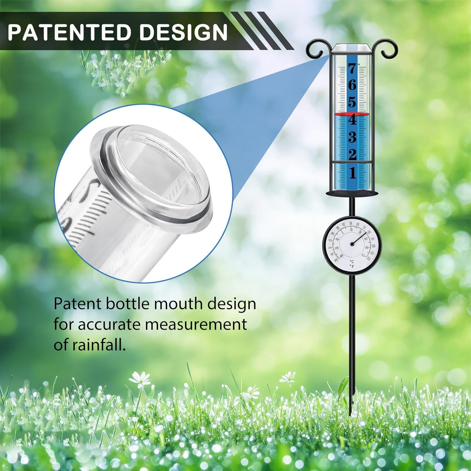 Jmbay Rain Gauge Outdoor with Thermometer, Rain Gauges Outdoors Best Rated, Large Font Rain Measure Gauge for Yard, Rain Water Meter with Thickened Plastic Tube and Duralbe Metal Stake for Patio,Lawn image number 6