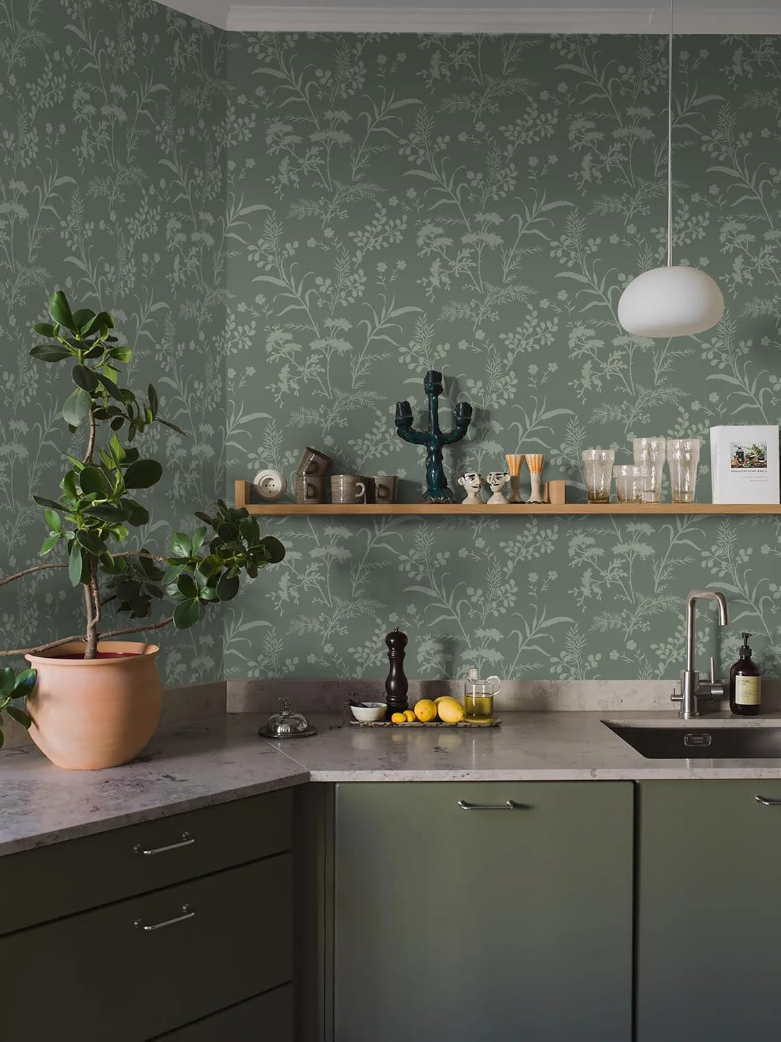 Fiula Self-Adhesive Wallpaper Green Leaves Adhesive Film Furniture Flowers Plants Pattern Wallpaper Waterproof Vinyl Wrap Removable Wall Cladding Bedroom Living Room Wall Olive Green Wallpaper 41 Cm X image number 3