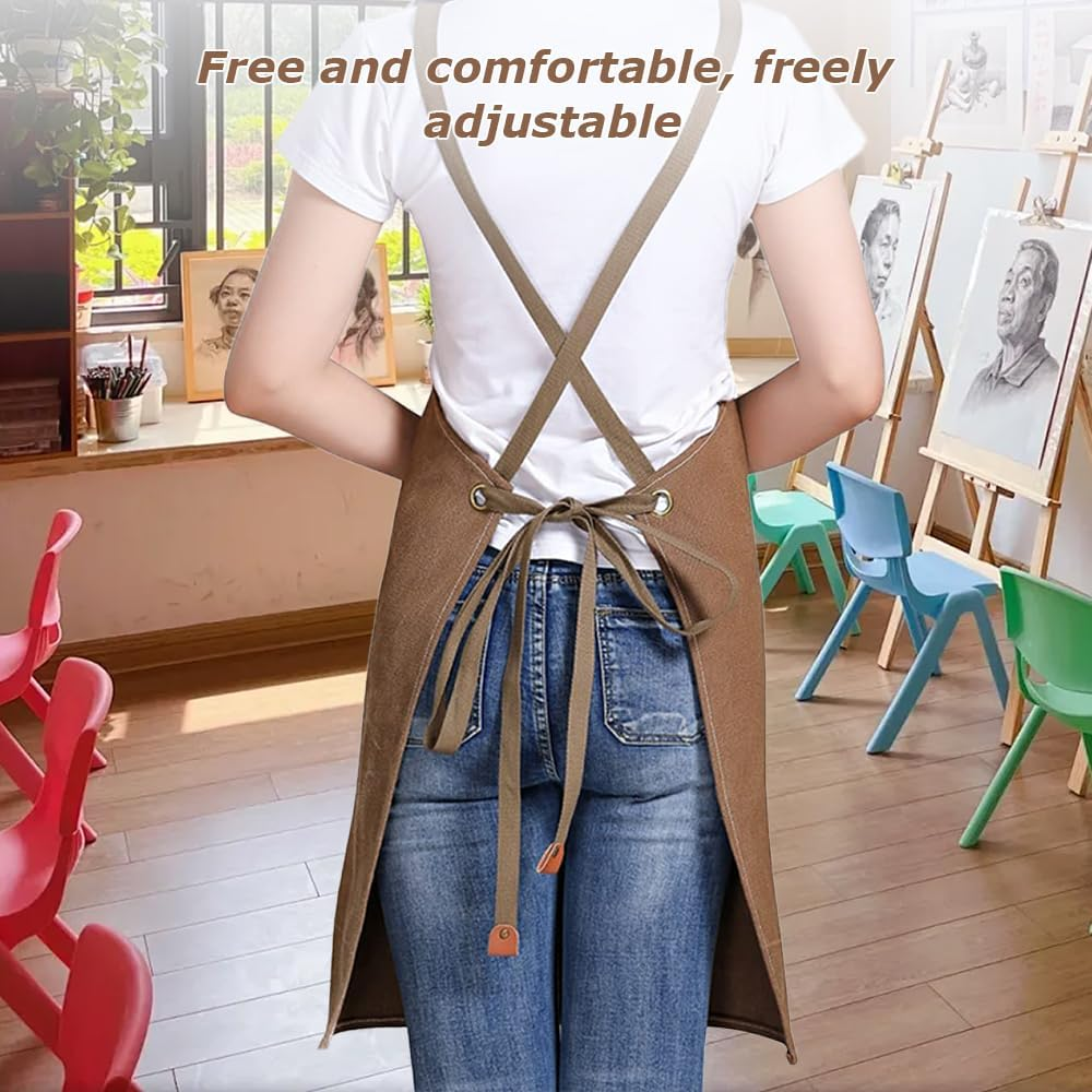 Kitchen Thicken Canvas Apron with Adjustable Straps and Large Pockets, Cooking Baking Bib Apron, Apron Suitable for Painting Pottery Ceramics (Coffee, 72 CM) image number 5