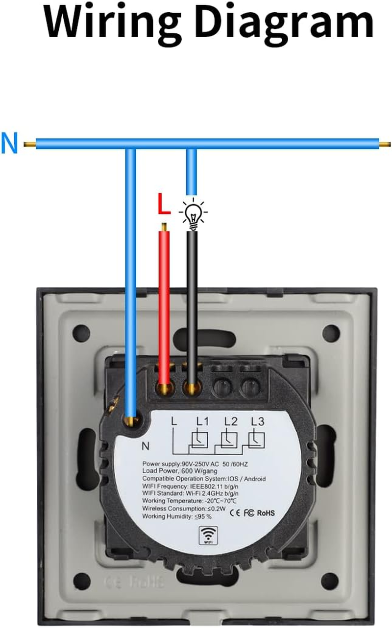 JIMEIDA Smart Touch Light Switch, White Glass Panel, 600 W, Smart Light Switch for Alexa, Google Home, 1 Gang with Status LED, Neutral Conductor Required