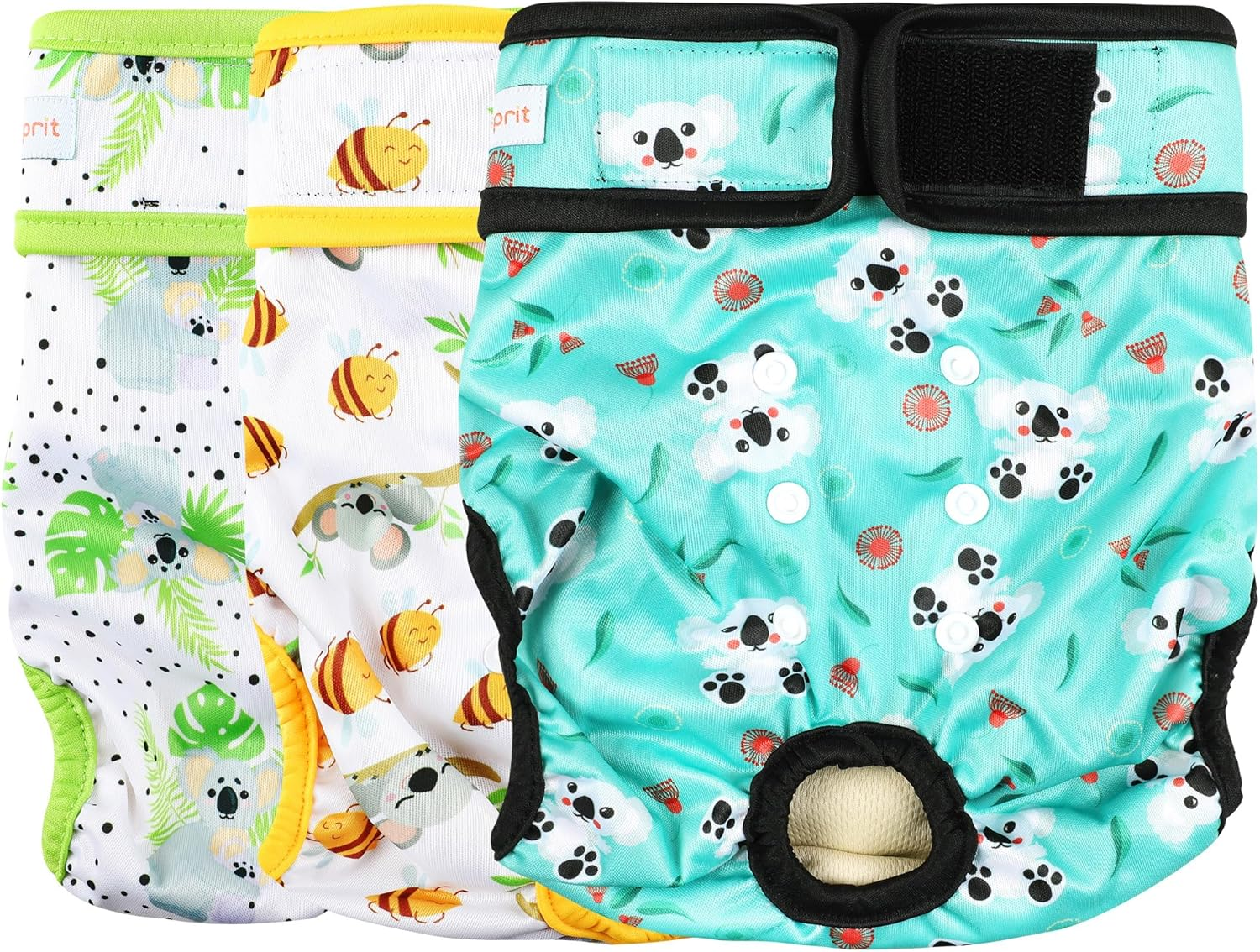 Langsprit Washable Female Dog Diapers (3 Pack) - No Leak Reusable Diapers for Doggy Female in Period - Highly Absorbent Dog Heat Panties with Adjustable Snaps (Rabbit, Owl, Lion, Medium)