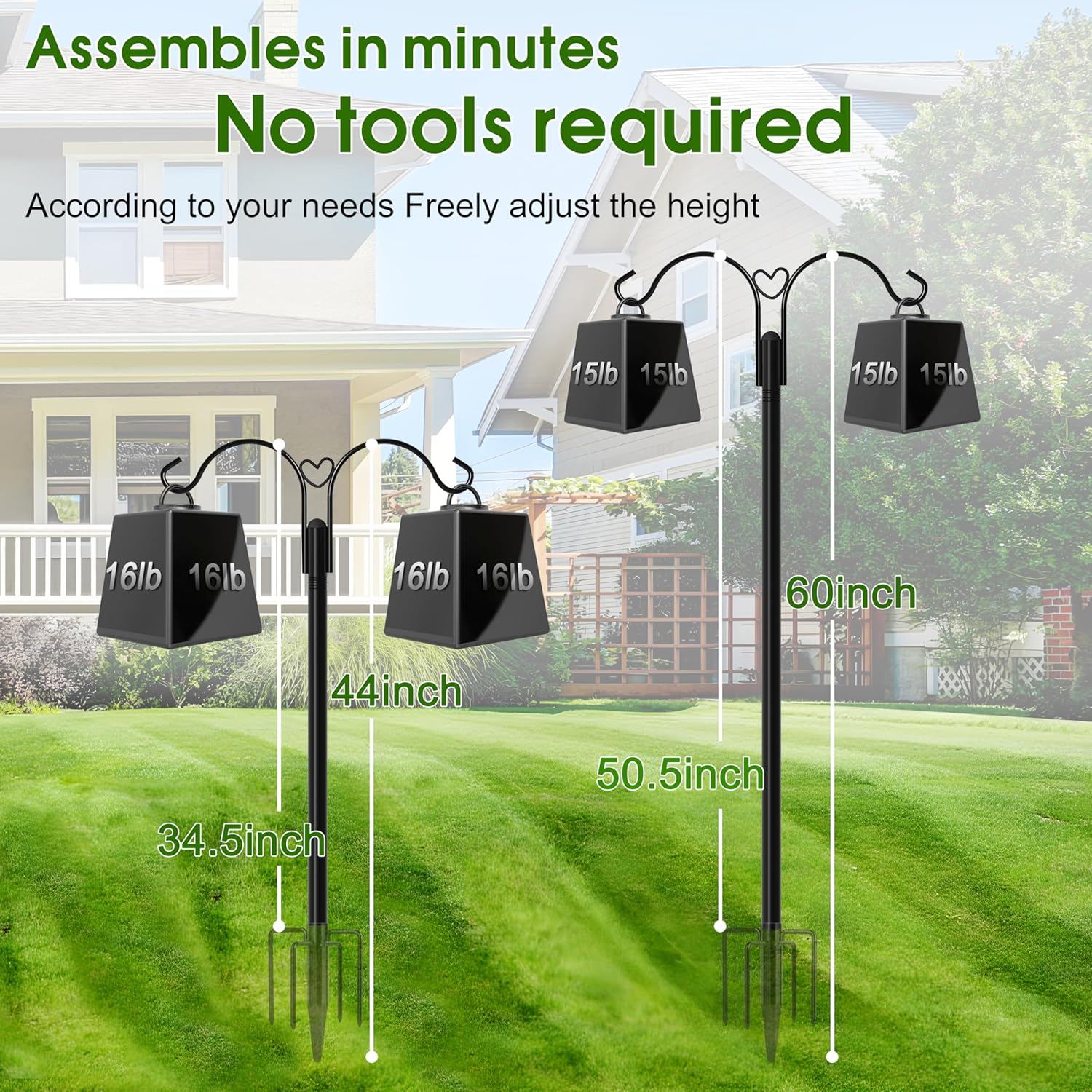 Double Shepherds Hooks for Outdoor, 2-Pack Heavy Duty Garden Pole for Hanging Bird Feeder, Plant Baskets, Solar Light Lanterns, Garden Plant Hanger Stands with 5 Base Prongs (76 Inch, Style E) image number 2