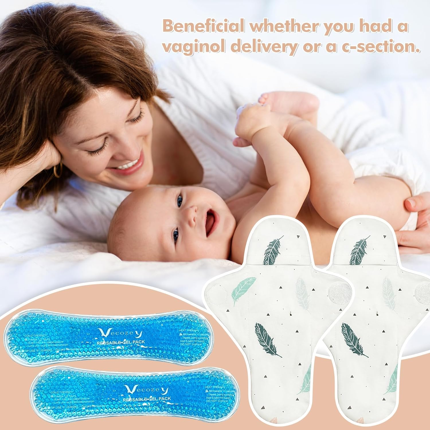 Vecozey 2 Perineal Ice Packs for Postpartum Care, Reusable Hot & Cold Gel Ice Wraps with Washable Cotton Sleeves, Cooling Ice Pads Effective Relief for Post Partum Pain, Hemorrhoids, Delivery image number 4
