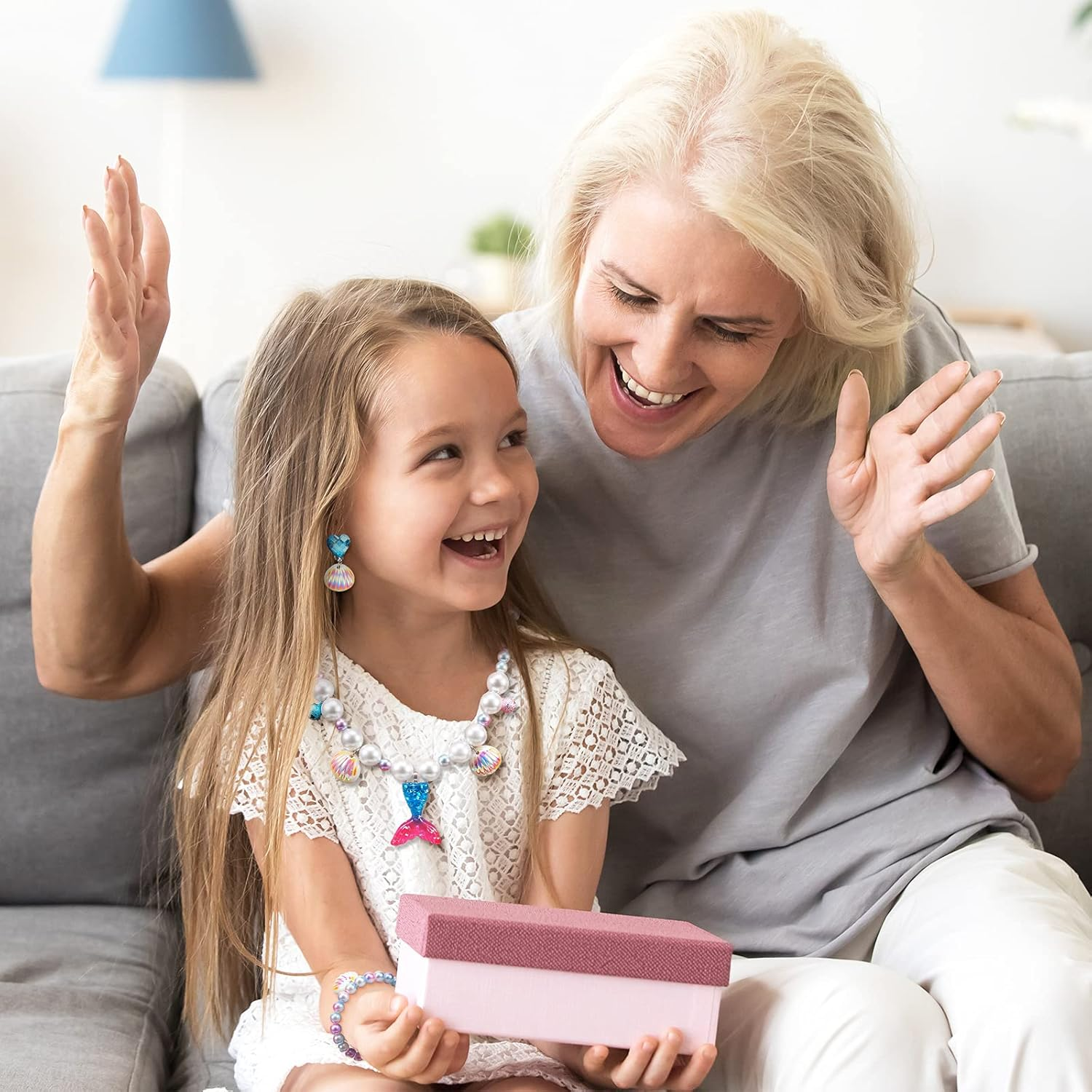 Mermaid Necklace Bracelet Set Mermaid Jewelry Kit Included Shell Necklace Bracelet Ring Earrings Organza Bags for Mermaid Party Costume Jewelry Supplies - Blue image number 5