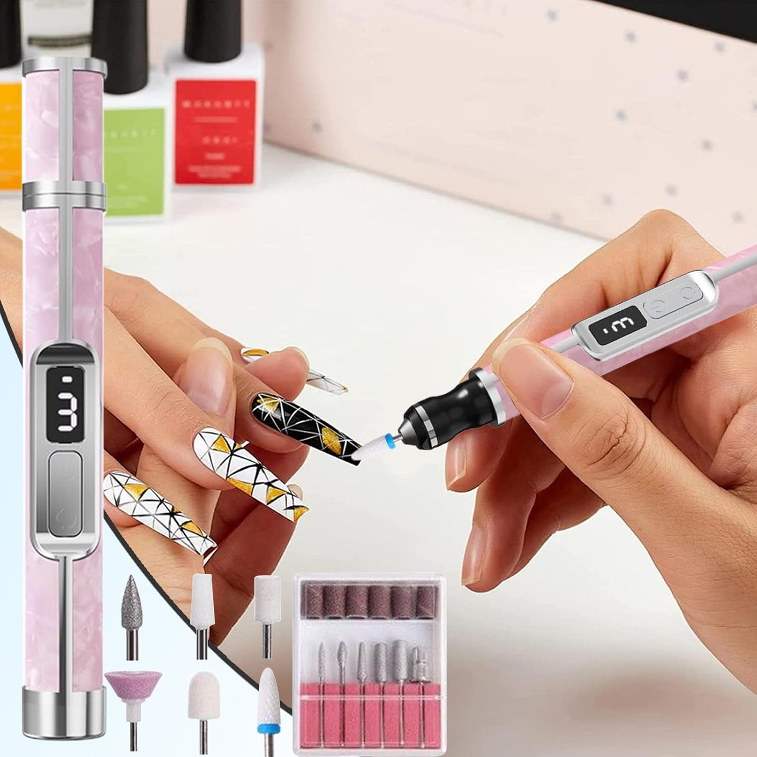 Electric Nail Drill Kit | 3 Speeds Fingernail Grinding Tool | Portable Fingernail Drill Foot Callus Remover for Thick Toenail Women Men Beginners Salon Home Travel - Pink image number 2