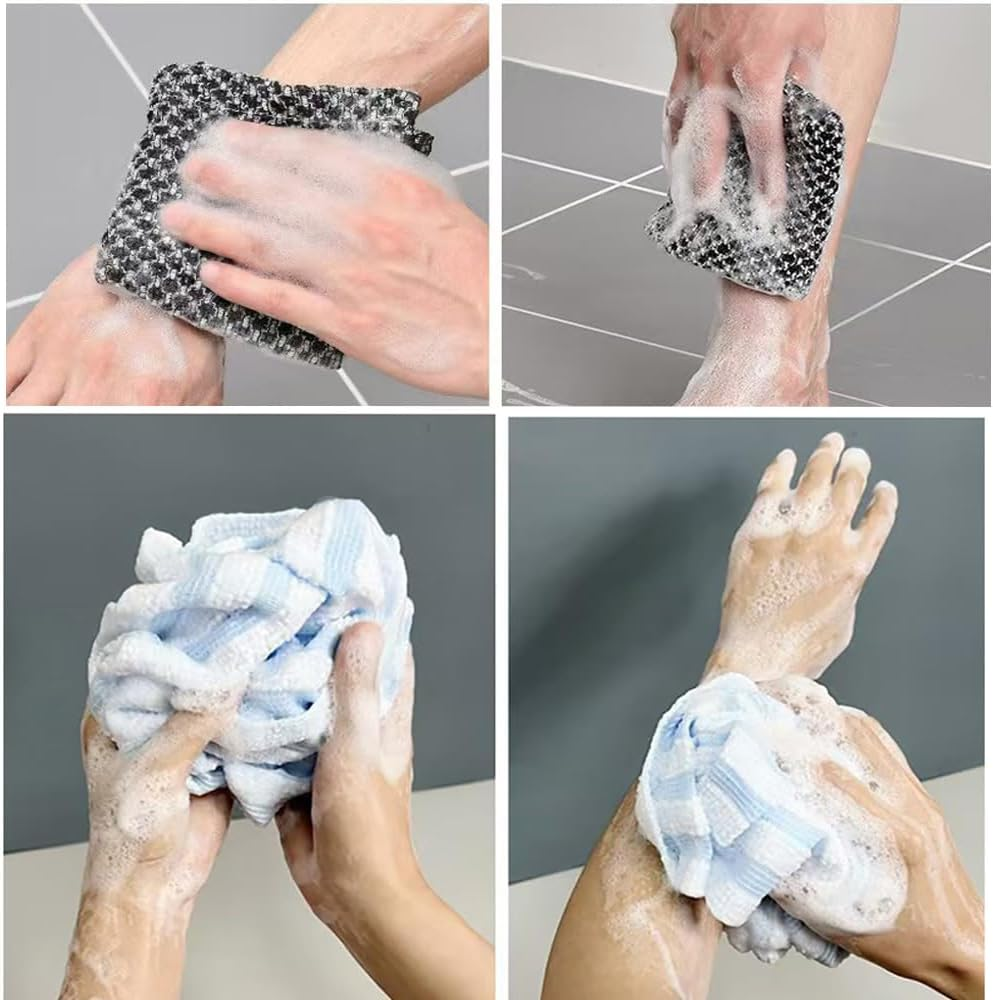 2 Pack Back Scrubber for Shower Bath, Exfoliating Body Scrubber, Japanese Scrub Wash Cloth, Exfoliating Washcloth Towel for Men Women, Body Exfoliator Loofah Luffa Sponge Net Rag Back Washer (Checkered & Blue) image number 4