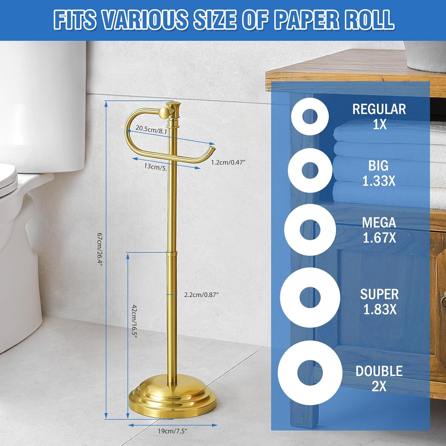 RUMOSE Toilet Paper Holder Stand for Floor, Brushed Gold Adjustable (12.4" to 22.8") Bathroom Toilet Tissue Holder, Free Standing Toilet Paper Roll Holder with Storage, Stainless Steel - Brushed Nickel image number 7