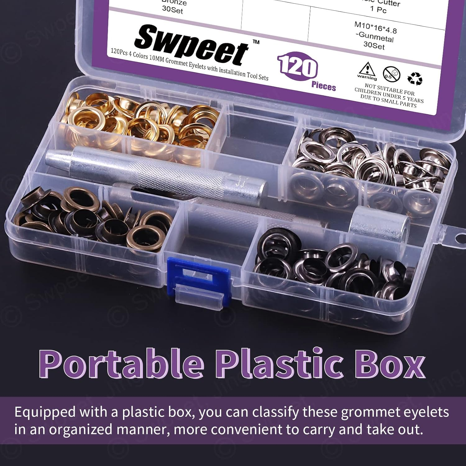 Swpeet 243Pcs - 120Sets 2/5" (10Mm) Hole Thicken Grommets 4 Colors Metal Grommets Eyelets Grommets with Washers and 3Pcs Setting Instal Tool Metal Eyelets Kit for Repairing Canvas, Leather image number 1