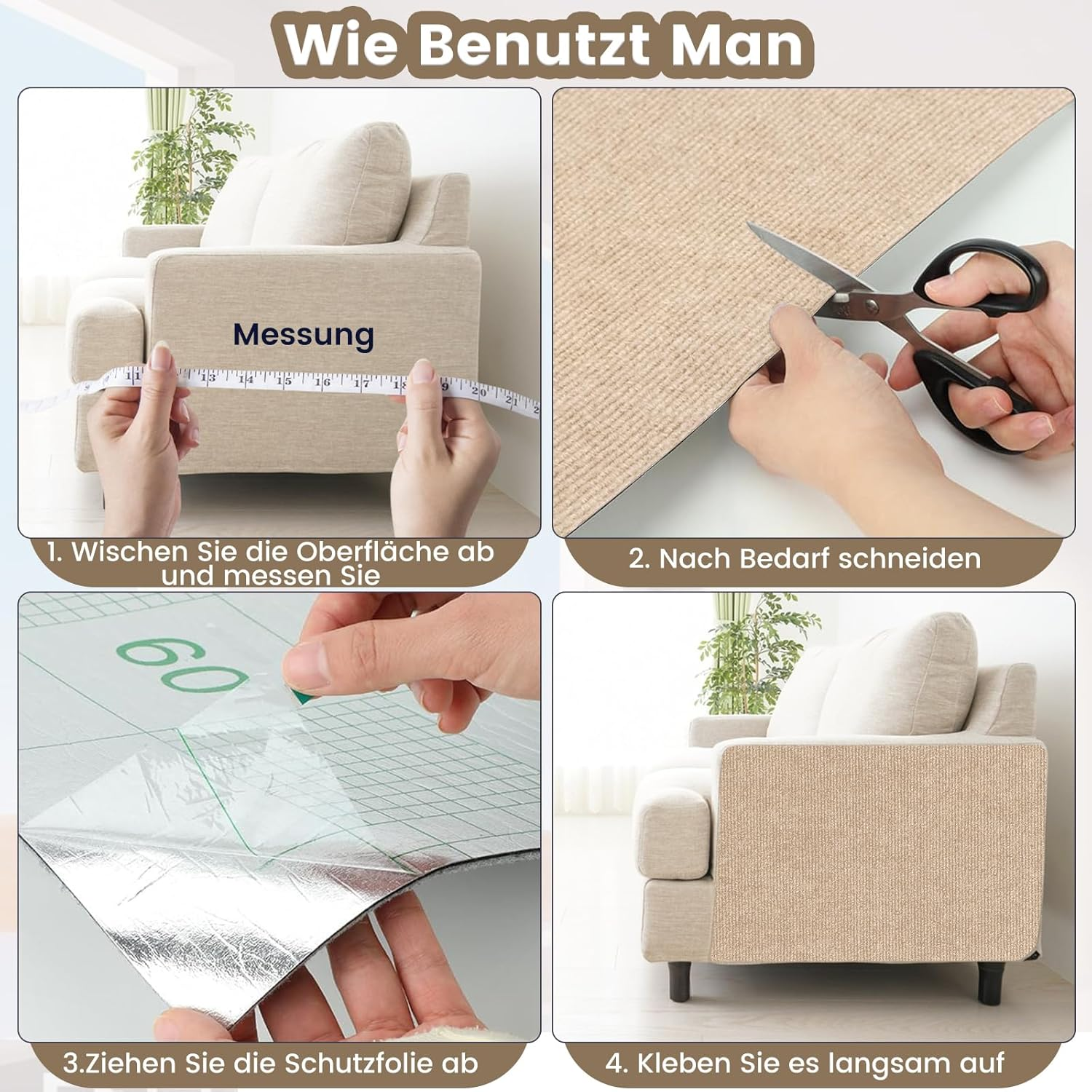 Self-Adhesive Cat Scratching Mat, Cat Wall Scratching Board, DIY Scratching Board, Scratch Protection Sofa Ideal for Scratching Carpet Cats, Cat Scratching Boards, Scratching Wall 200 X 40 Cm (Khaki) image number 5