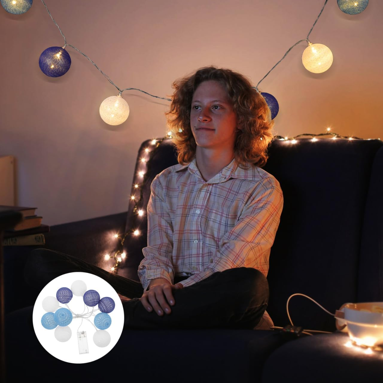 Anneome Battery-Operated Cotton Ball Fairy Lights with Blue Cotton Balls, Decorative LED Lamp Chain for Indoor, Wireless, Stable and Safe Room Lighting for Party Decoration image number 1