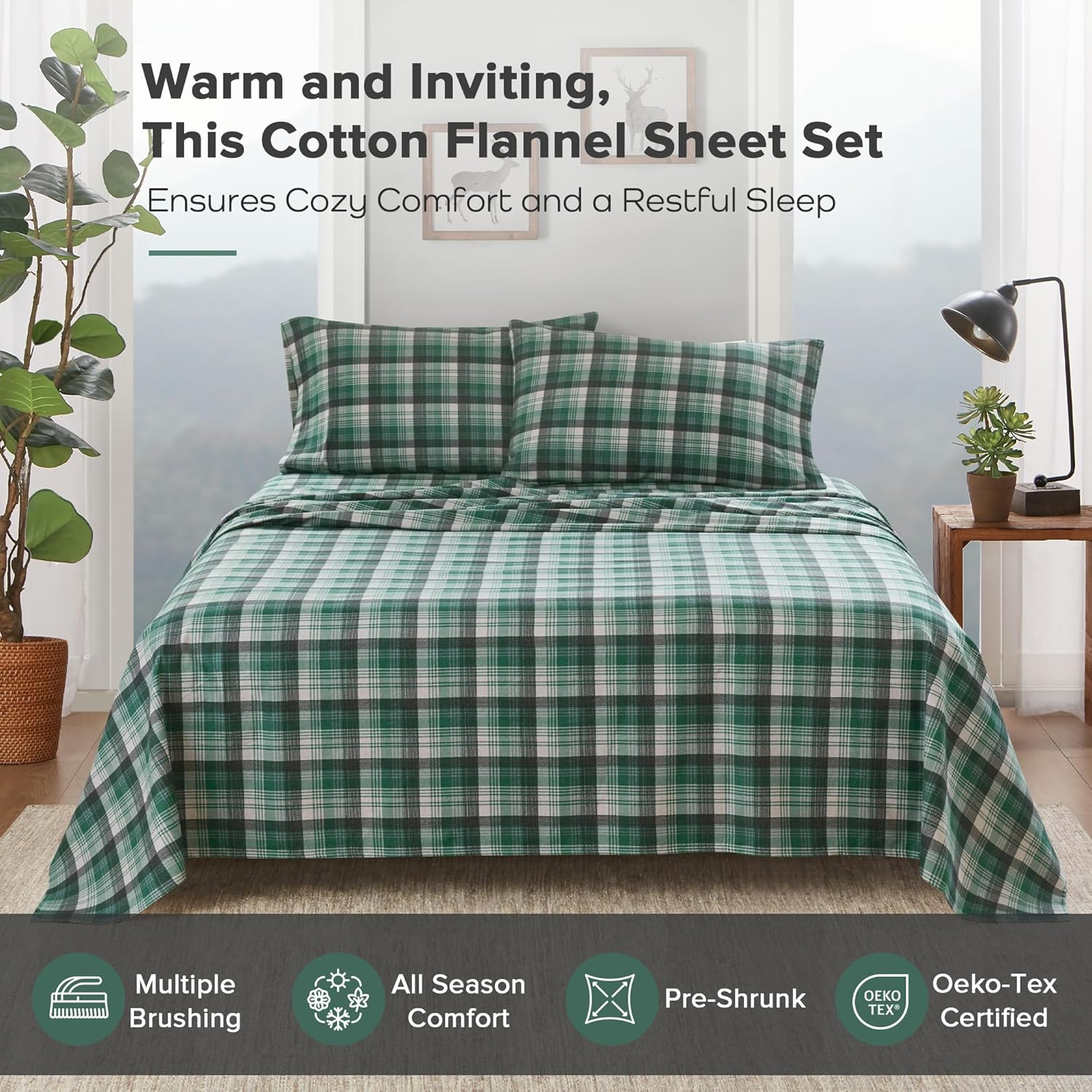 Woolrich Flannel 100% Cotton Sheet Set Warm Soft Bed Sheets with 14" Elastic Pocket, Cabin Lifestyle, Cold Season Cozy Bedding Set, Matching Pillow Case, Queen, Green Plaid, 4 Piece image number 5