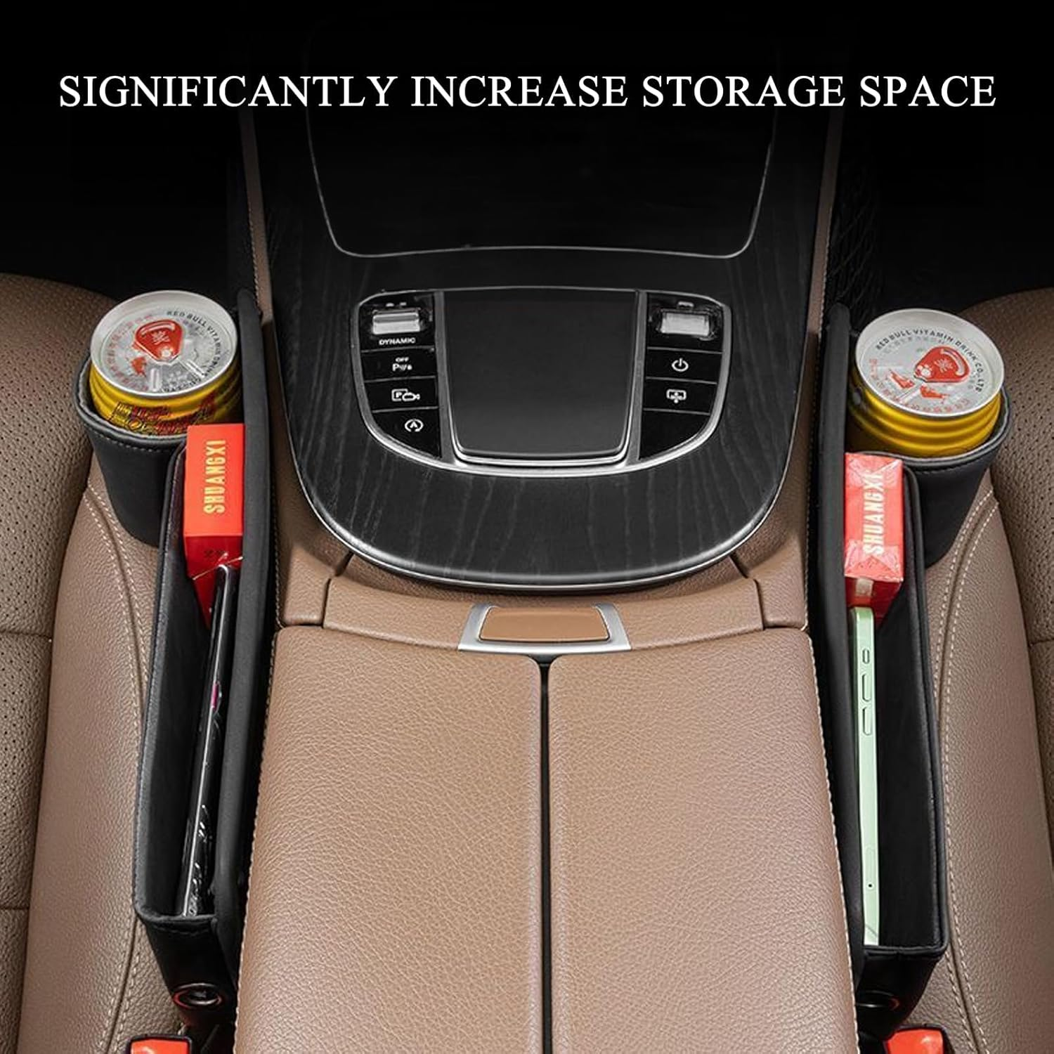 Cozioz Universal Car Seat Gap Catcher with Cup Holder &ndash; Organizer Storage for Cars, Trucks & Suvs, Stops Things from Dropping between Seats (Black, Driver + Passenger) image number 1