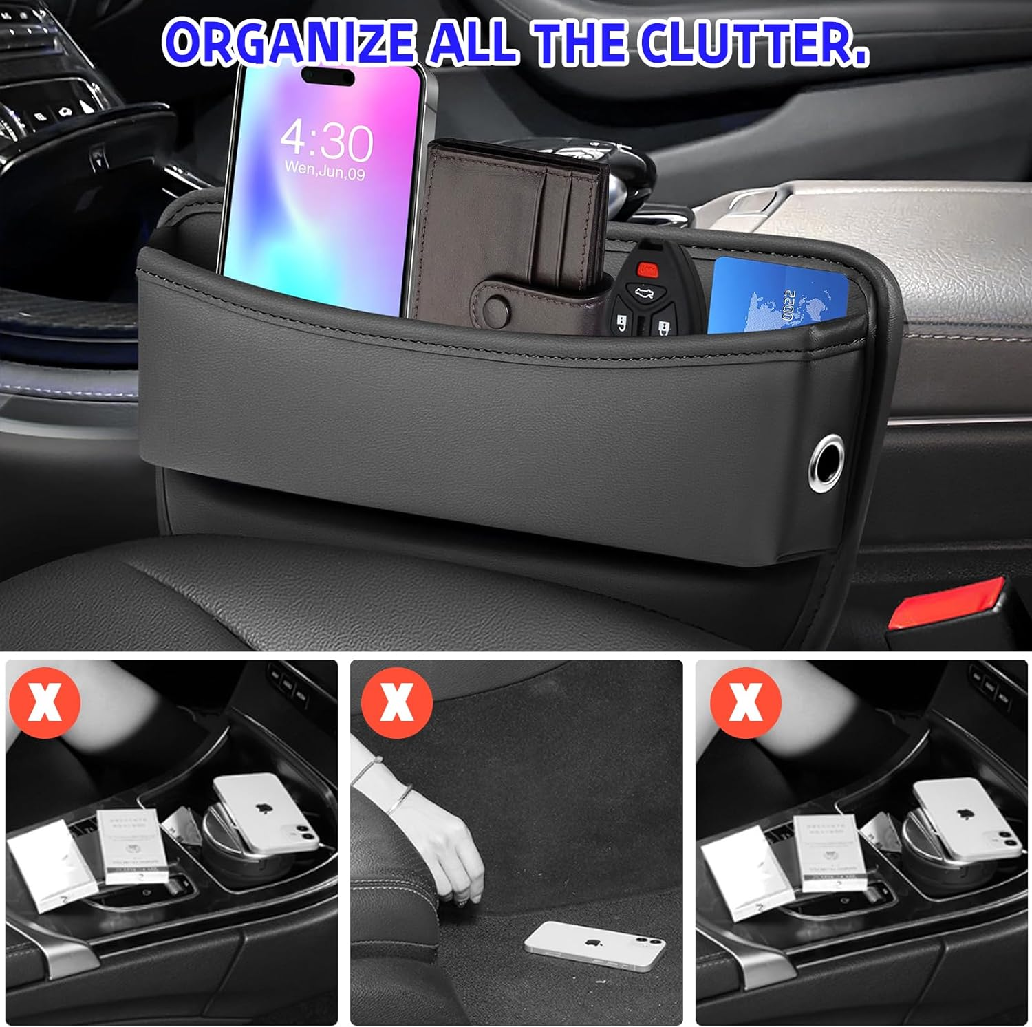 Car Seat Gap Filler, 2Pack PU Leather Auto Console Side Storage Boxes, Car Front Seat Gap Organizer, Dropping Blocker Bag Interior Accessory for Phone Sunglasses Keys Cards image number 1