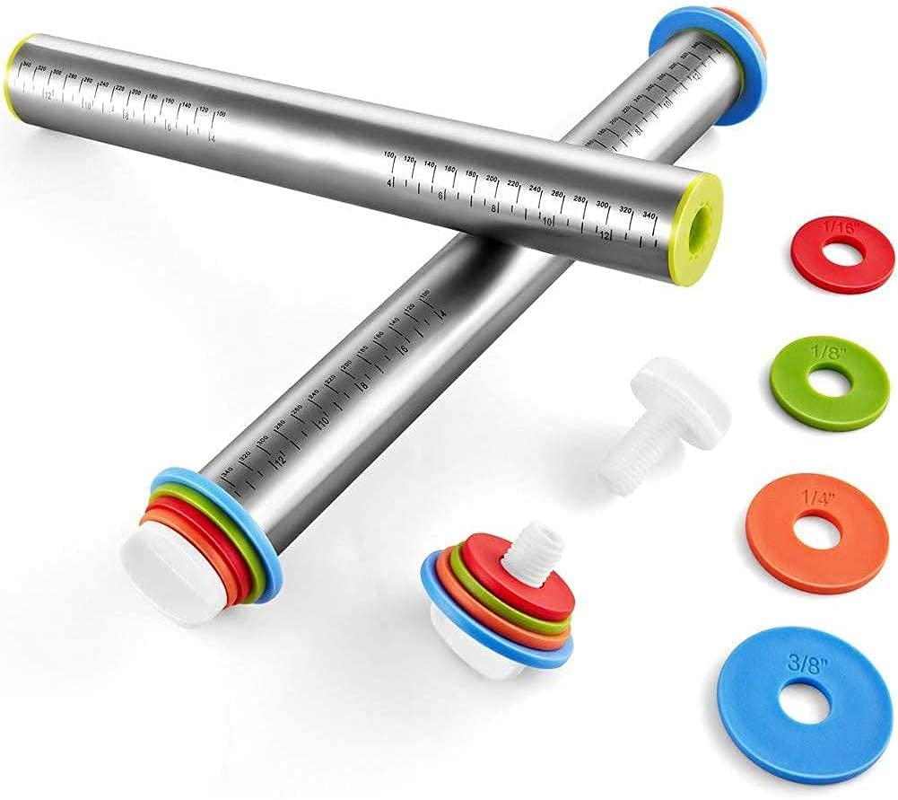 Roccar Rolling Pin and Silicone Baking Pastry Mat Set, Stainless Steel Dough Roller, Rolling Pins with Adjustable Thickness Rings, for Baking Dough, Pizza, Pie, Pastries, Pasta, Cookies image number 1