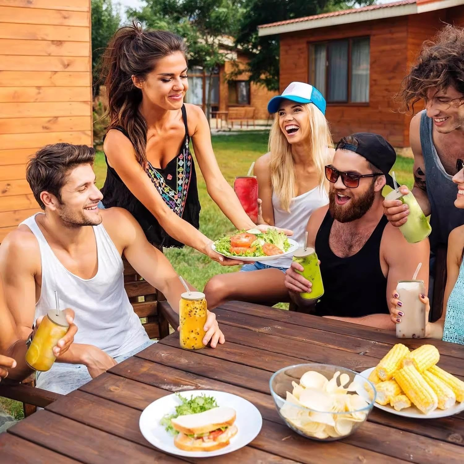 Drinking Glasses with Bamboo Lids and Glass Straws-4Pcs Set 500Ml Glass Cups for Iced Coffee, Bubble Tea, Smoothie, Beer Glass - Dishwasher Safe with 2 Brushes, Ideal for Home Bar & Aesthetic Gift image number 1