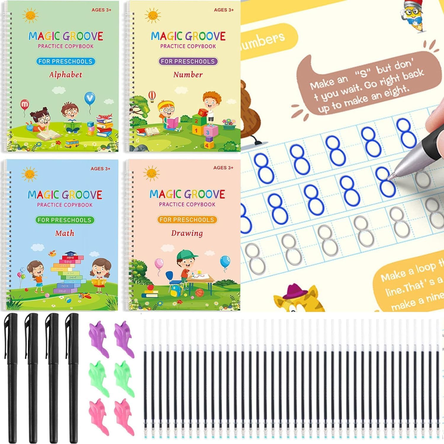 4 Pack Large Grooved Writing Book Set, Betterjonny Reusable Handwriting Book Practice, Tracing Alphabet, Numbers, Math and Drawing for Age 3-6 (4 Books & 4 Pens & 6 Aid Pen Grips & 40 Pen Refills) image number 4