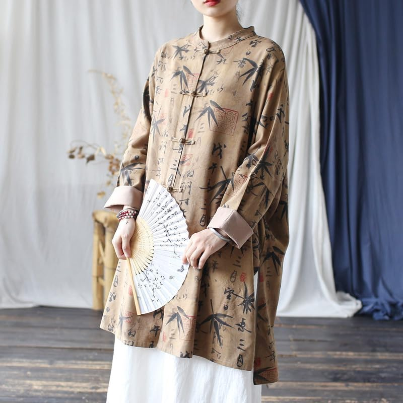 Vintage Ethnic Distressed Mandarin-Collar Frog-Button Jacket Women'S Loose Fit Long-Sleeve Outerwear Coffee