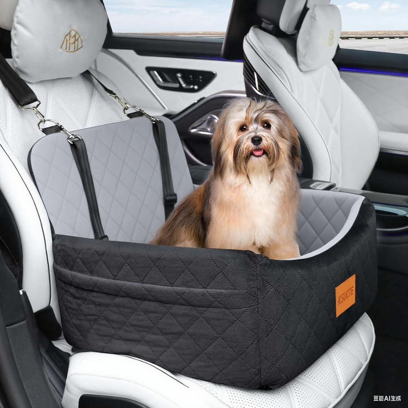 Dog Car Seat for Small Dogs under 30Lbs, Comfy Travel Bed with Washable Cover, 2 Safety Leashes & Storage Pockets, Anti-Slip Base, Easy Install for Cars & Suvs (Black/Grey, 45 * 45 * 35Cm) - Black image number 3
