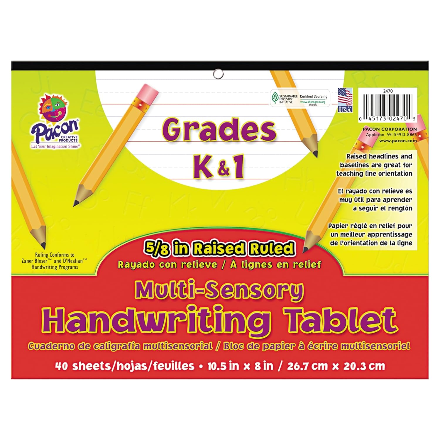 Pacon Multi-Sensory Raised Ruled Tablet, White, 5/8" X 5/16" X 5/16" Ruled 10-1/2" X 8", Ruled Long, 40 Sheets image number 1