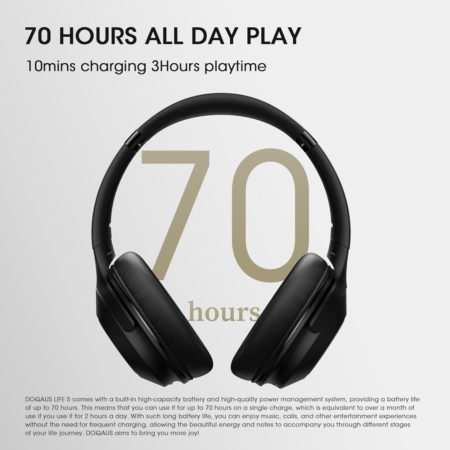 DOQAUS Bluetooth Headphones Wireless, 70H Playtime Bluetooth 5.3 Wireless Headphones over Ear, 3 EQ Modes, Hifi Stereo Foldable Headphones with Microphone, Soft Earpads, for Phone PC Travel(Black)