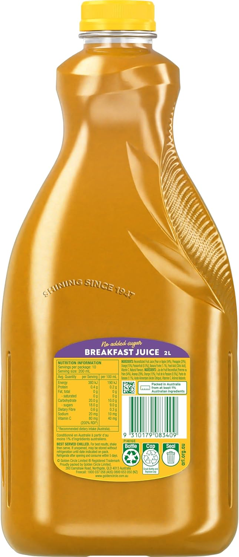 Golden Circle Breakfast Juice Apple, Pear, Pineapple, Orange, Passionfruit and Banana Juice No Added Sugar No Artificial Colours, Flavours or Preservatives 10 Serves 2L image number 5