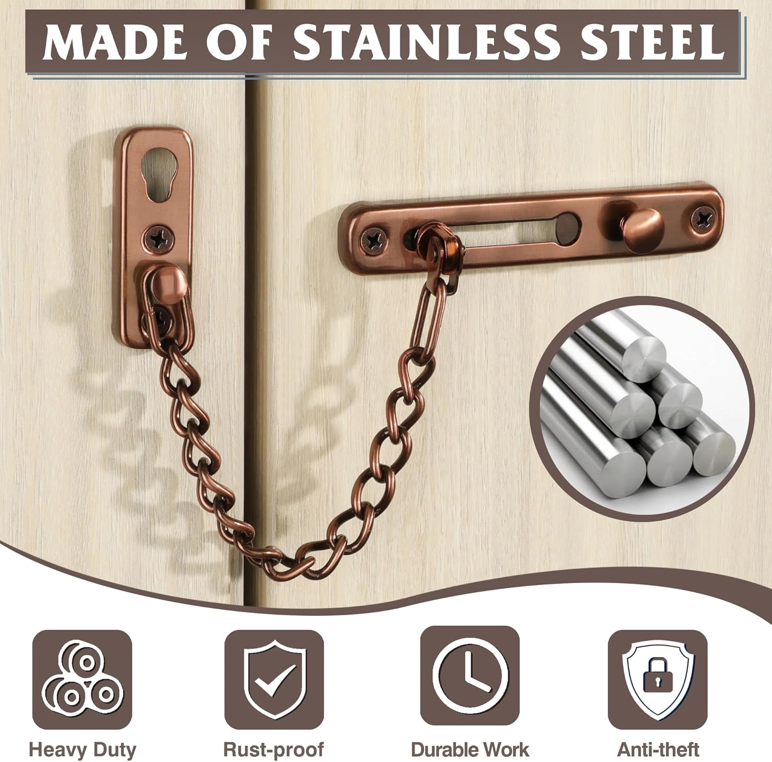 Alise Chain Door Guard Lock,Door Chain Locks with Safety Spring Anti-Theft Press Latch,Chain Locks for inside and Extra Front Door, Red Bronze(1 Pack) - Brushed Nickel image number 2