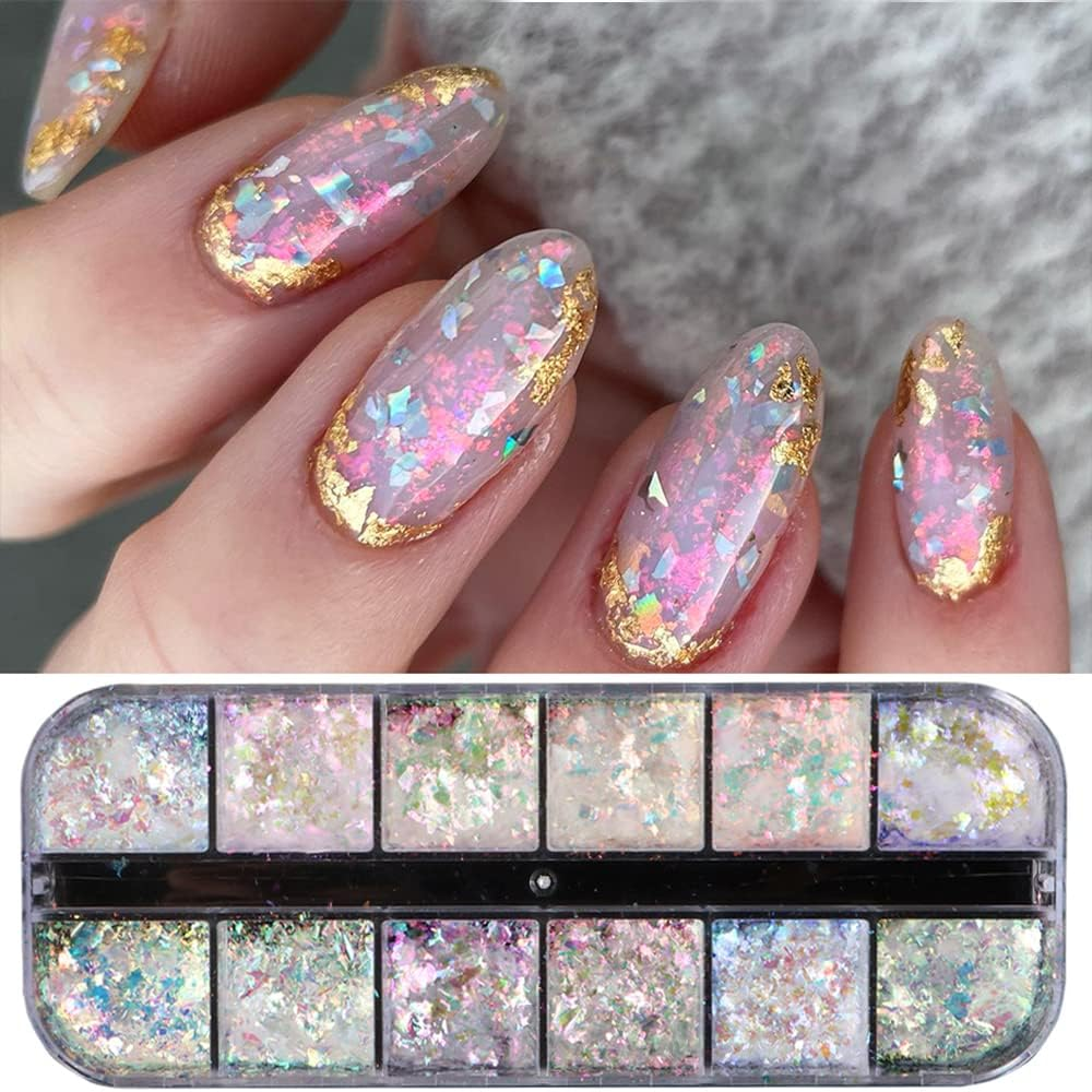 Holographic Opal Nail Art Glitter Flakes Powder Aurora Iridescent Pigment Ice Crystal Mermaid Paillettes Sparkly Sequins Design for Manicure Decoration Accessories 12 Grids