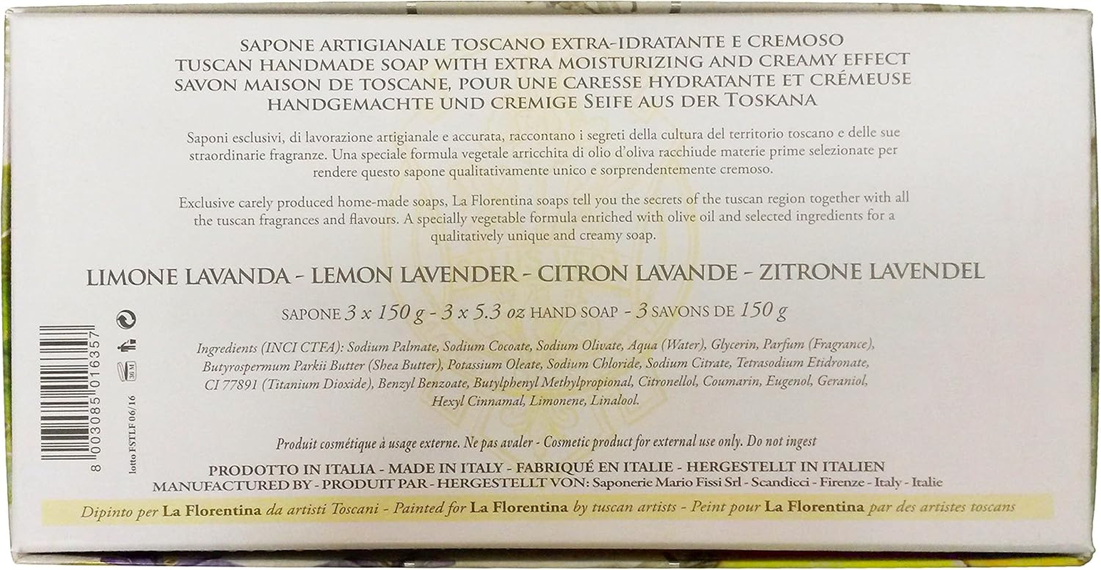 La Florentina:"Limone Lavanda" Bar Soaps, Lemon Lavender Scent,"Bellosguardo" Collection - Pack of 3 Soaps, 5.3 Ounces (150G) Each, Gift Box [ Italian Import ] image number 3