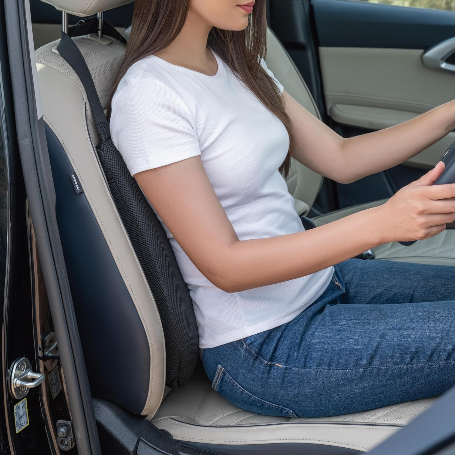 FOVERA Ergonomic Car Back Rest Memory Foam Cushion for Comfortable Long Drive and Daily Commute, Lumbar Support Pillow, Suitable for All Cars (Mesh Black, Pack of 1)