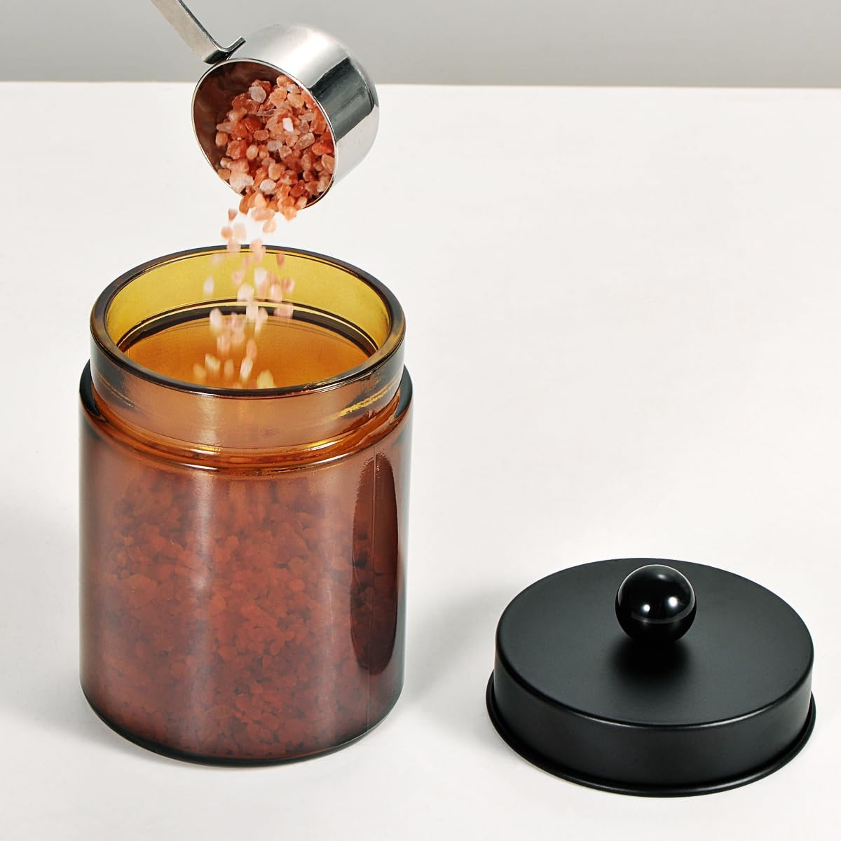 Amber Glass Qtip Holder, Apothecary Jar,Qtip Dispenser with Metal Lid & Stickers- 3Pack Containers,Vanity Canister Organizer Storage,Bathroom Accessories Set for Cotton Swab, Ball, Pad, Floss image number 1