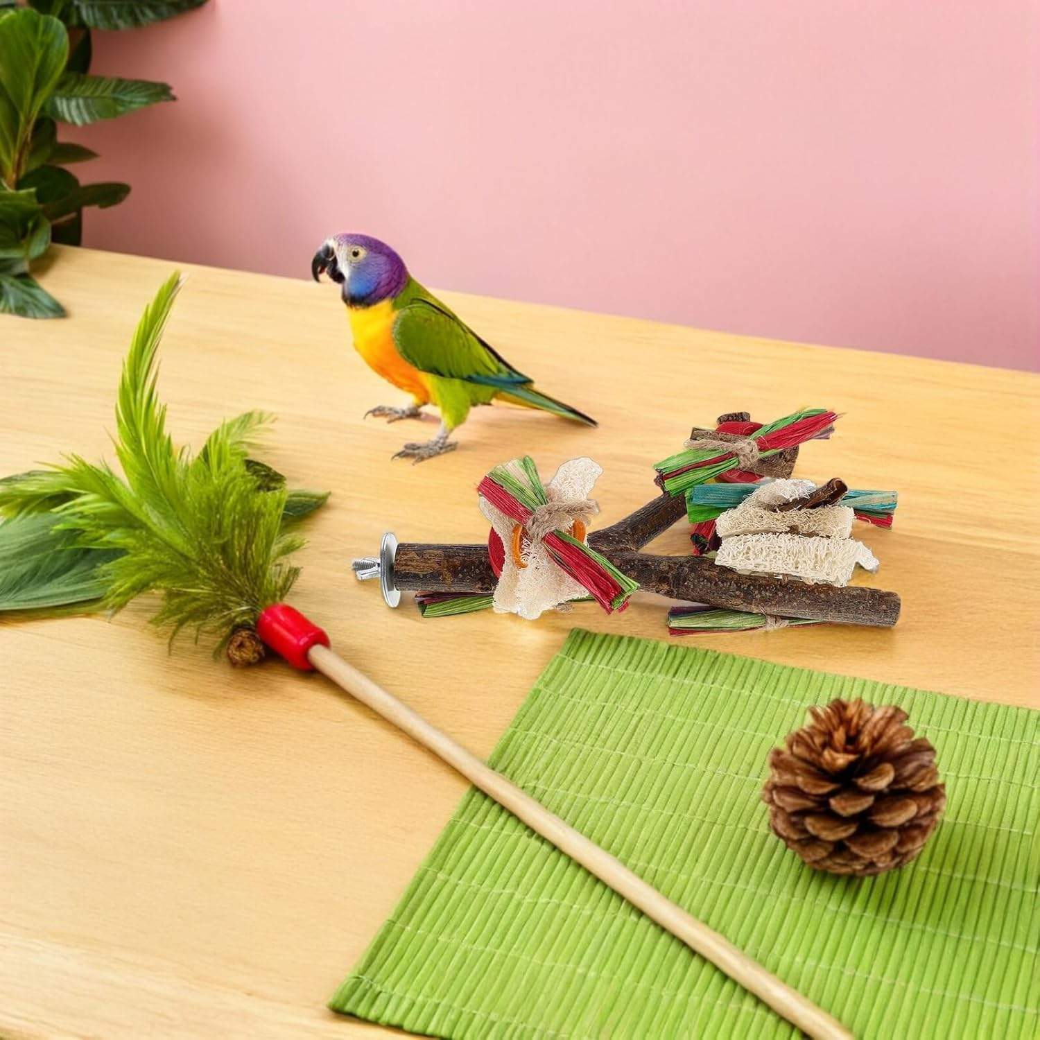 HINTRMENT 2PCS Natural Wood Parrot Stand Perch Branch Fork Play Platform for Cage Birds, Bird Tree Stand with Solid Wood Perch Sticks Suitable for Parakeet Macaw Cockatiel Conure image number 5