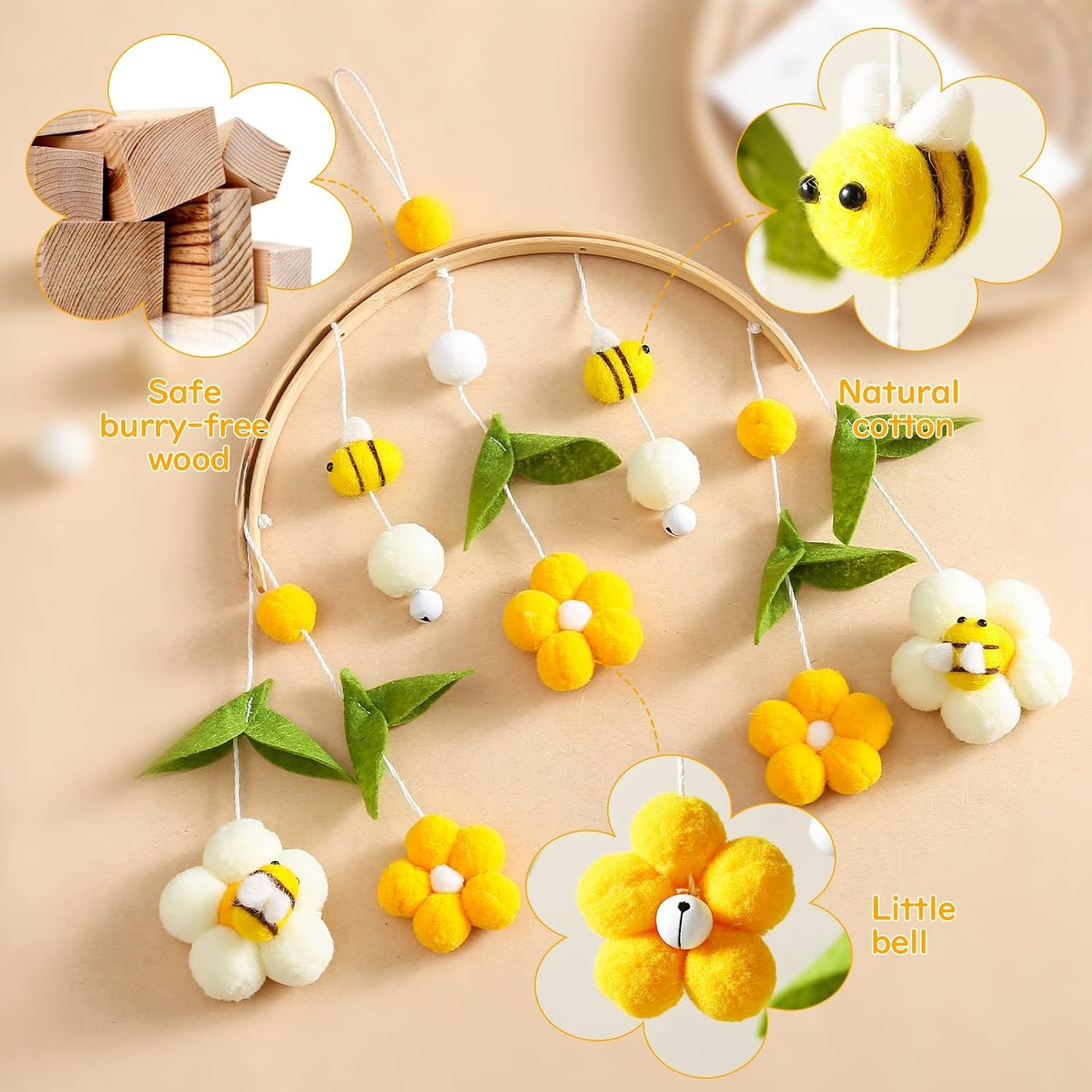 IEATFO Baby Mobile for Crib Crib Nursery Mobile for Boys Girls Boho Bee Flower Nursery Decor Soothe Toy Baby Shower Set for Infant Bedroom Hanging Decoration Toy(Bee) image number 4