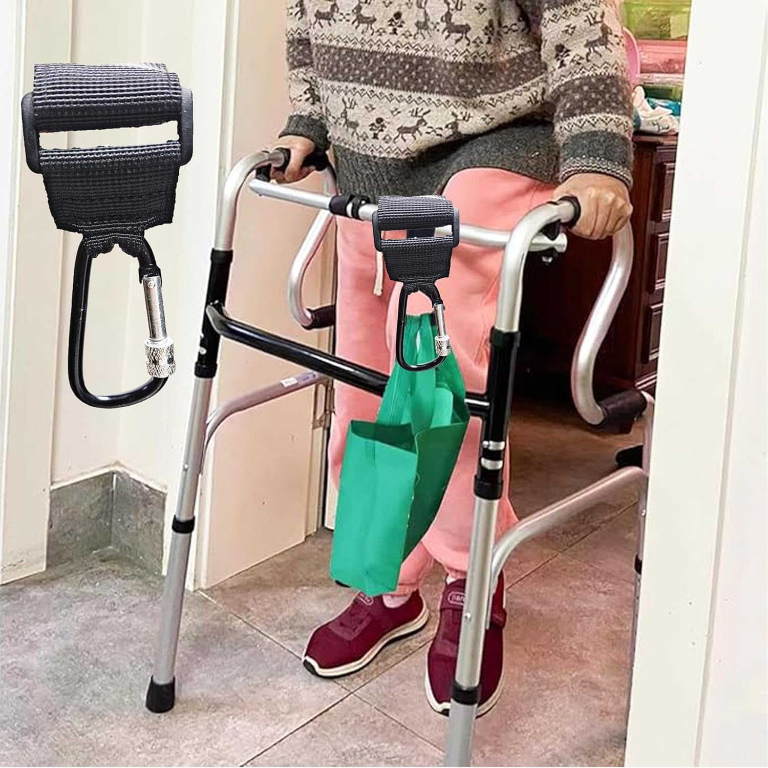 LIGHUFEIC 4 Pcs Walker Hook Hanging,Versatile Anti-Fall off Stroller Hooks for Hanging Diaper Bags Walker Rollator Crutches Wheelchair, Purses, and Shopping, Hang It Anywhere You Need It(Black) image number 3