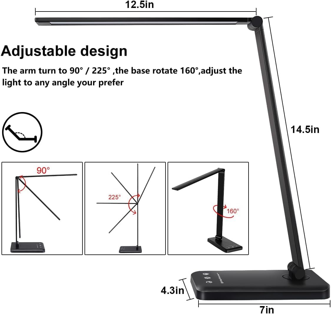 LED Desk Lamp for Office Home, Bright Desk Light with USB Charging Port, 5 Color Modes with 10 Brightness Level, 30/60 Minutes Timer, Touch Study Lamp for Nail, Craft, Puzzle, Sewing, Study, Black