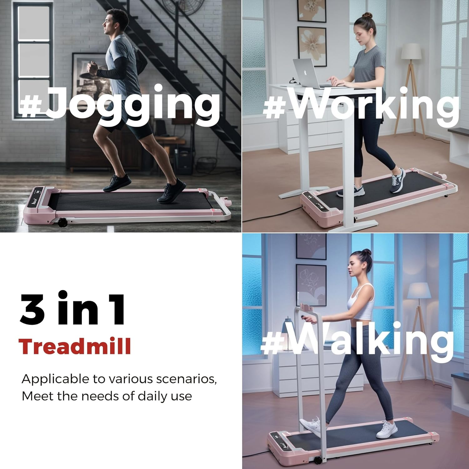 Advwin 3 in 1 Walking Pad Treadmill, under Desk Treadmill for Home, Compact Portable Electric Walking Jogging Machine with Shock Absorption|Non-Slip|Led Display|Quiet Motor|120Kg Capacity - Black image number 3