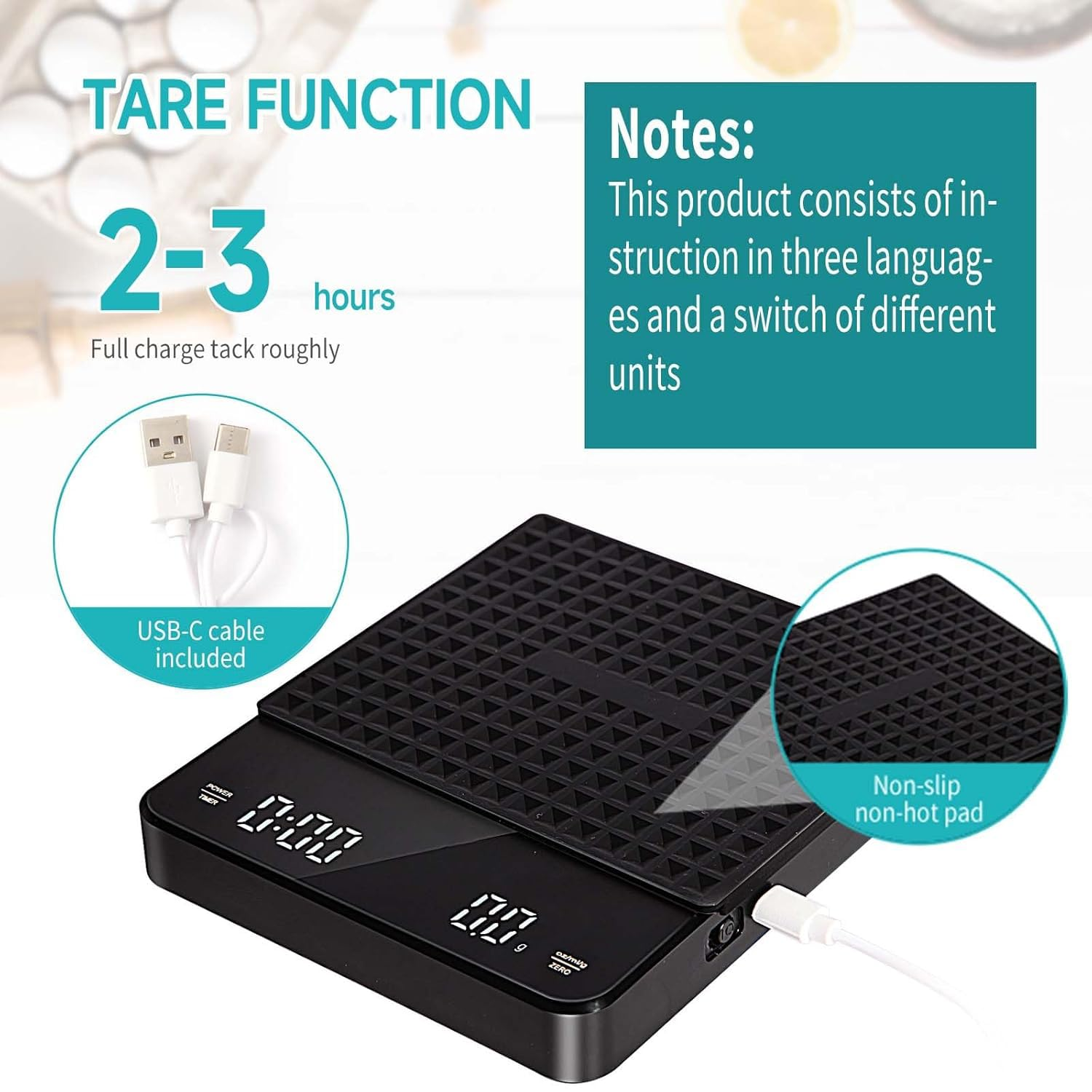 Digital Coffee Scale with Timer, Rechargeable Portable Drip Espresso Scale 3Kg/0.1G Precision Kitchen Scale with Automatic Timing Function,With Waterproof Insulation Pad (Black)