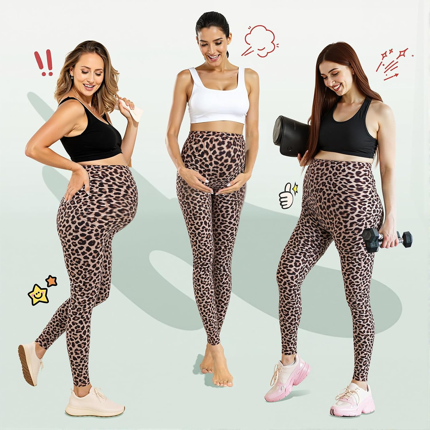 Women'S Maternity Leggings with Pockets High Waistband Pregnancy Leggings Opaque Elastic Maternity Leggings for Pregnant Women, Leopard, S image number 4